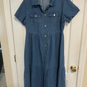 SHEIN Blue DenimTiered Midi Dress
 with Notched Collar